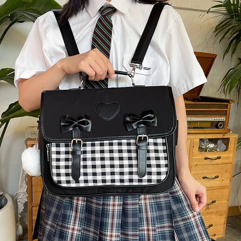 Japanese Backpack Bow Messenger Bag Student Checkerboard  Shoulder Bag For Teenagers Girls Backpack