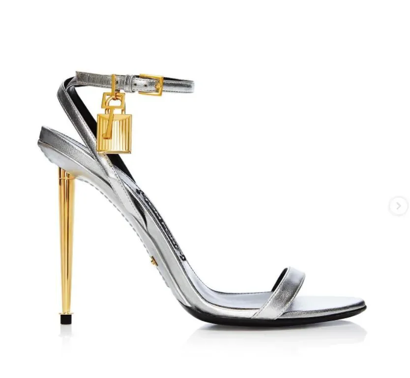 Ankle Strap Women\'s High Heels Sandals Pointed Open Toe Metal Lock Fine High Heeled Sandals Women Party Shoes Sandalias De Mujer