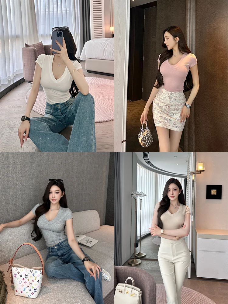 

Basic Knitted V-Ne ort Sve T-irt Women's Elastic Slimming Versatile Top Soft Comfortable Breathable Korean Sle Cot...