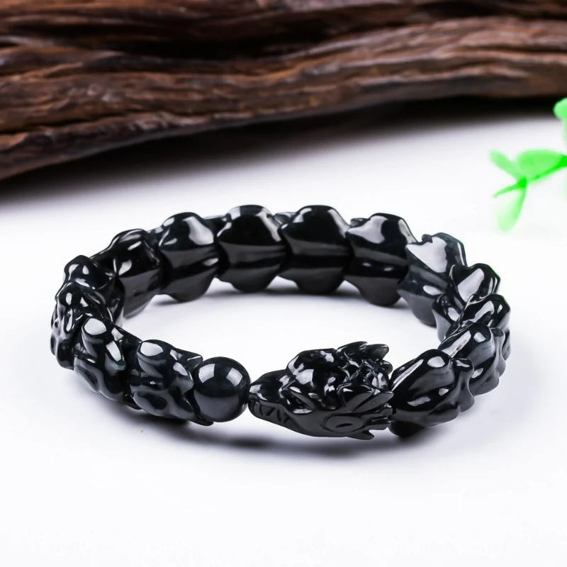 Natural High-end Black Jadeite Exquisitely Carved Dragon Bone Jade Bracelet Fashionable Men and Women Couples Amulet Gift