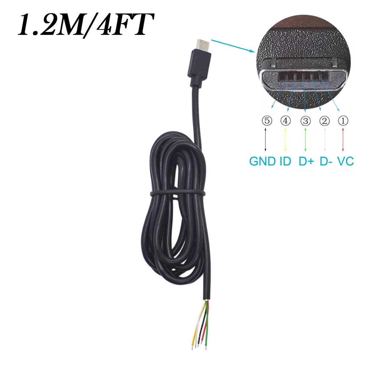 4FT 28AWG Micro USB 5-Pin Pigtail Cable Bare Ends for Repair DIY 1.2M Length