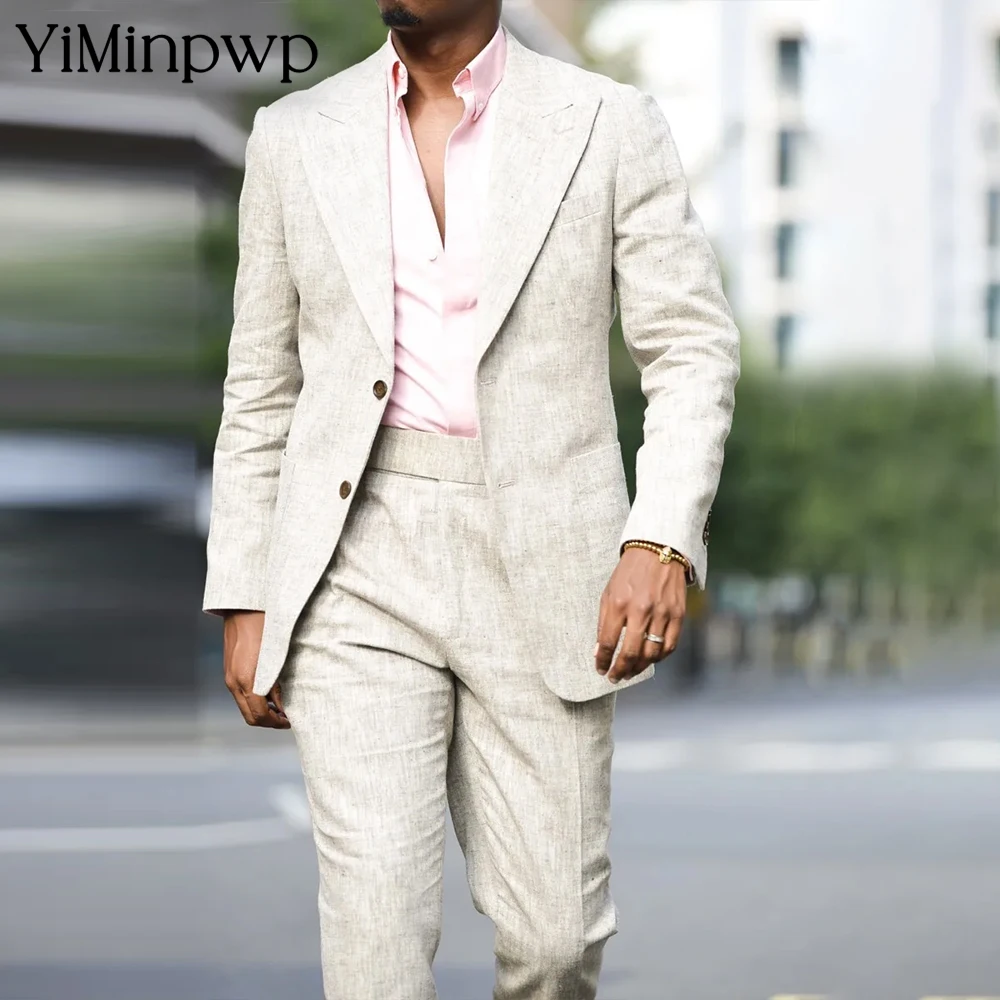 

YiMinpwp White Men Suit Breathable Casual Suit Jacket Two-Piece Groom Wear Double Stitching Fashion Party Prom Size Suit XS-5XL