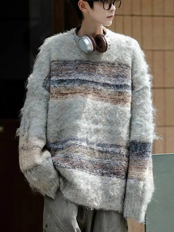 

Вязаный свитер Laid-ba в полоску унисекс, утепленный, зимний, модный, ретро, колор-блок, свободный крой