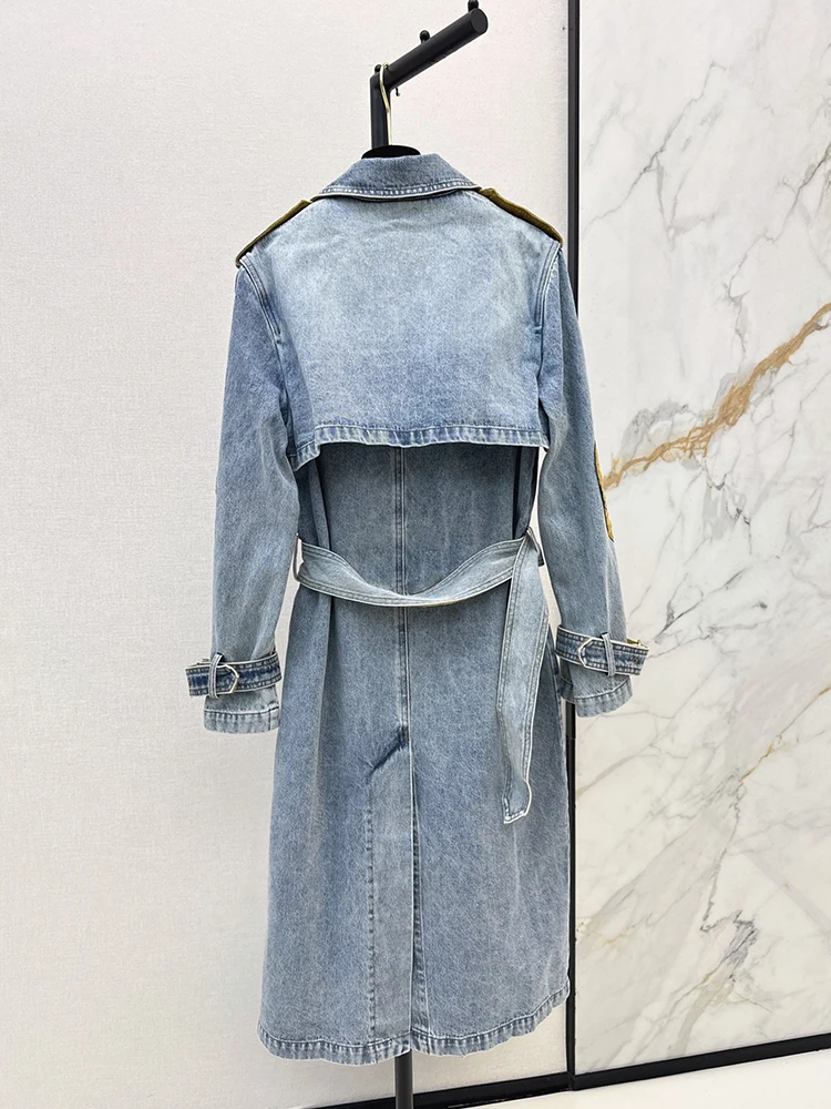 Spring Autumn Fashion Light Blue Long Style Cowboy Trench Coats Women's Turn-down Collar Suede Patchwork Long Sleeve Belt Coat