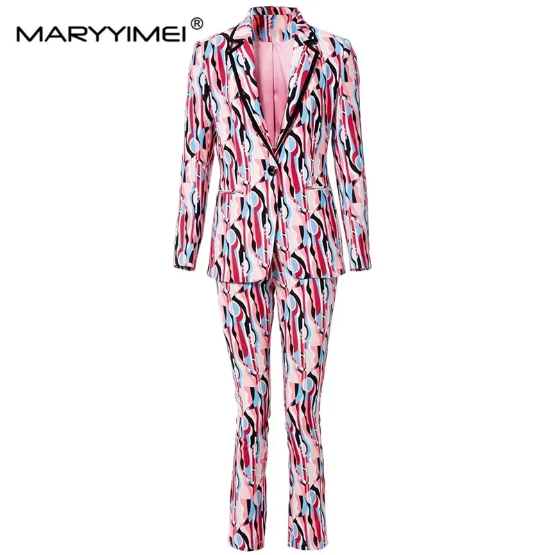 

MARYYIMEI New Fashion Autumn High Quality Suit Collar Single Button Pockets Jacket＋Trousers Print High Street Two Pieces Set