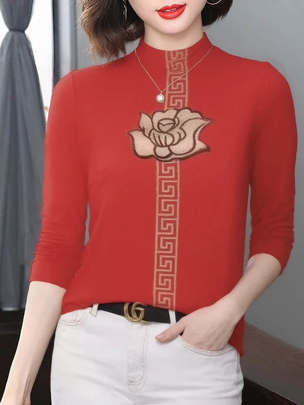 

Elegant Red Long Sleeve Embroidered Rose Floral Stand Collar Mommy Style Top for Middle-Aged Women Warmth Fashionable Base Shirt