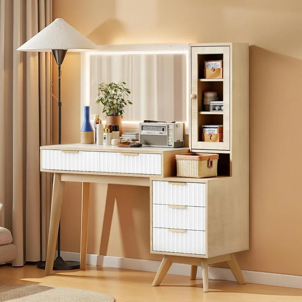 Makeup Vanity Desk with Mirror and Lights, Dressing Table Sets with Power Outlet, Vanity with Glass Top, Fluted Vanity with