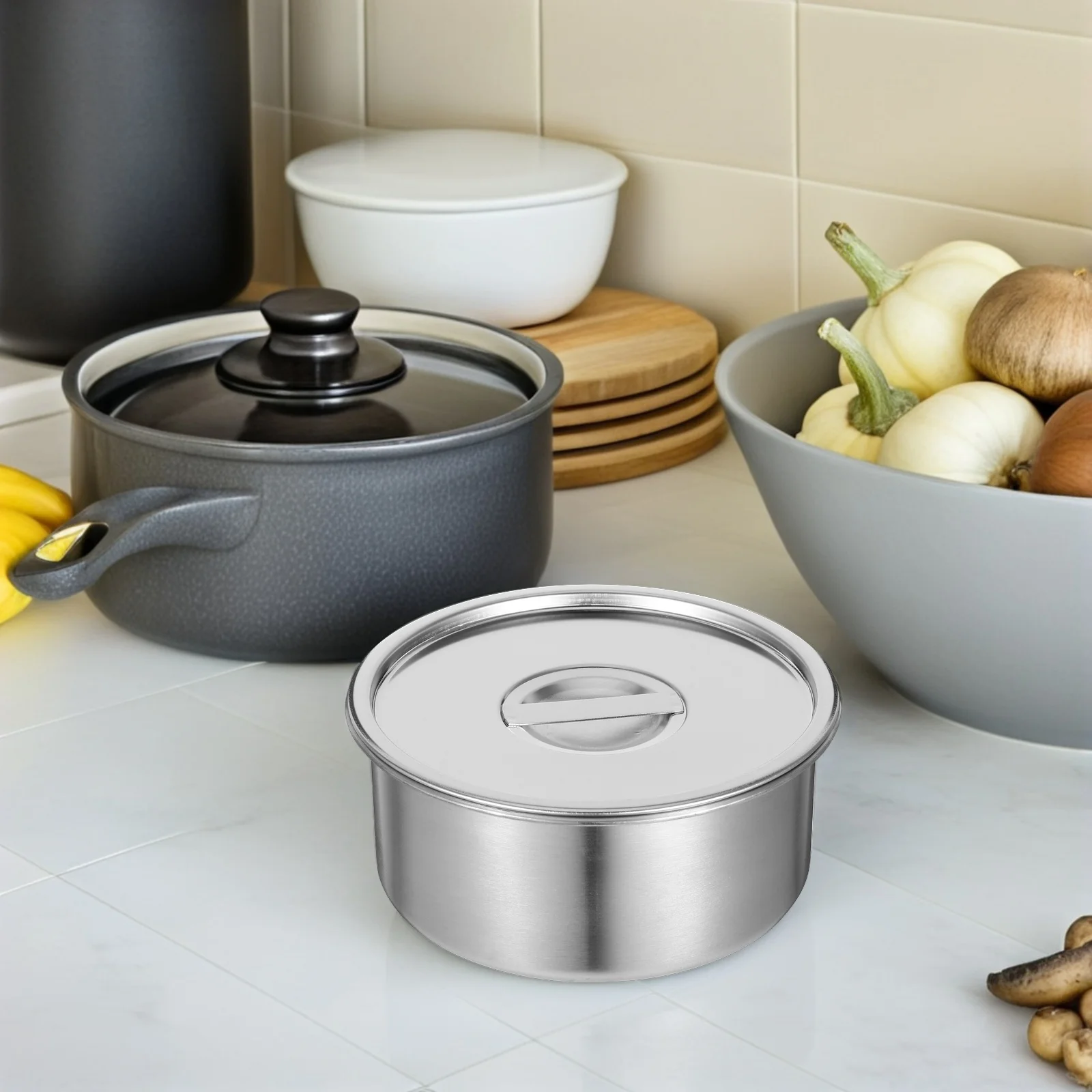 

14Cm Polished Stainless Steel Steamed Egg Bowl Lid Included Soup Dessert Serving Storage Container for Kitchen Hotel Restaurant