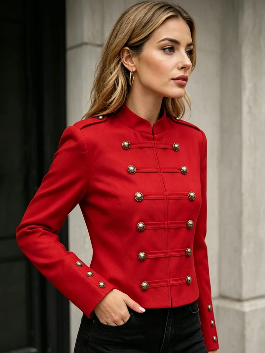 LIMO Red Stand Collar Epaulet Double Row Metal Button Slim Crop Jacket Women Vintage Party Outer Blazer