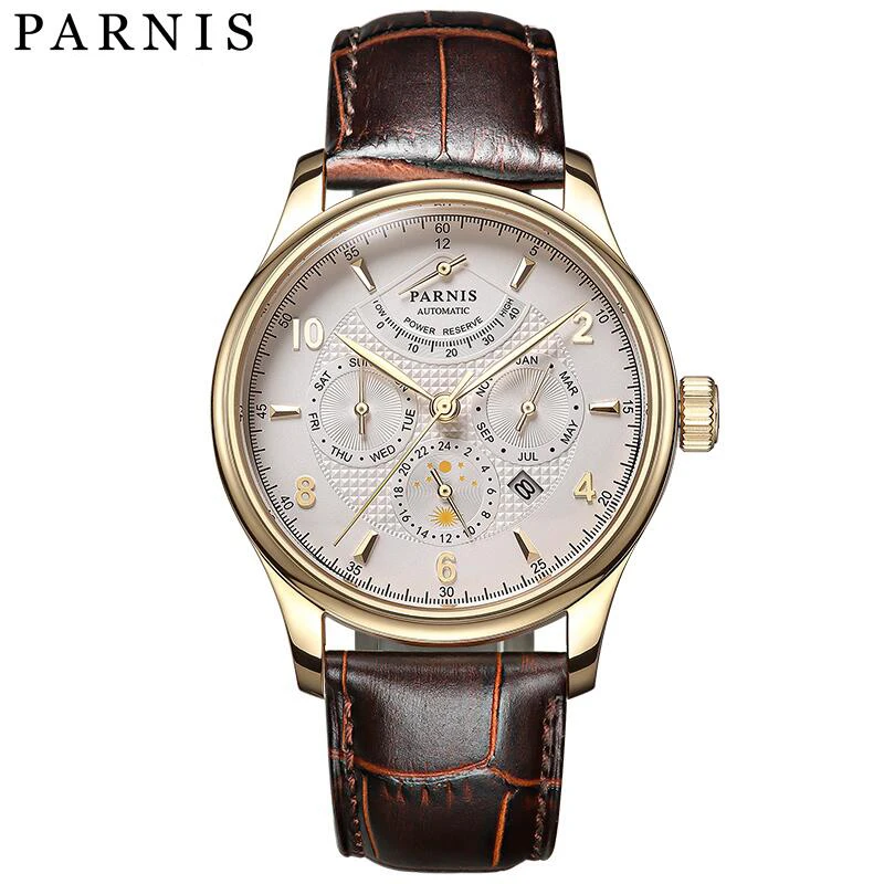 Parnis 43mm Gold Case Automatic Mechanical Men Watch Sapphire Crystal Moon Phase Men's Miyota 9100 Watches relogios masculino