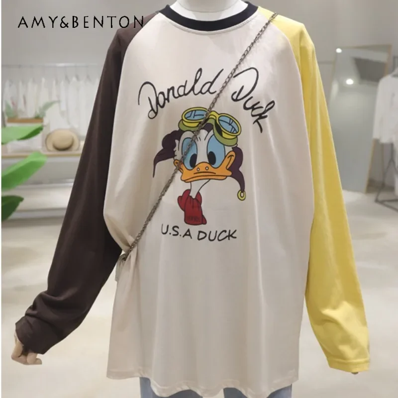 Color Matching Shoulder Sleeves Cartoon Tees New Early Autumn Loose Medium And Long Soft Linen Cotton Long-sleeved T-shirt Women