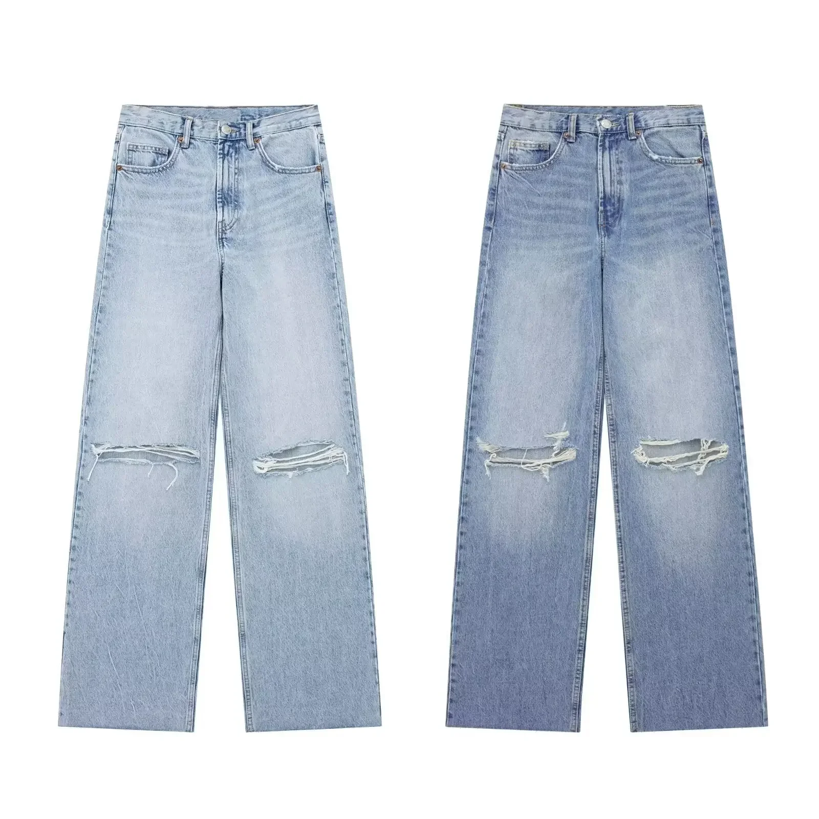 Jeans de perna larga feminino com buracos, calça jeans feminina, chique e versátil, cintura alta, zíper, retrô, novo, 24