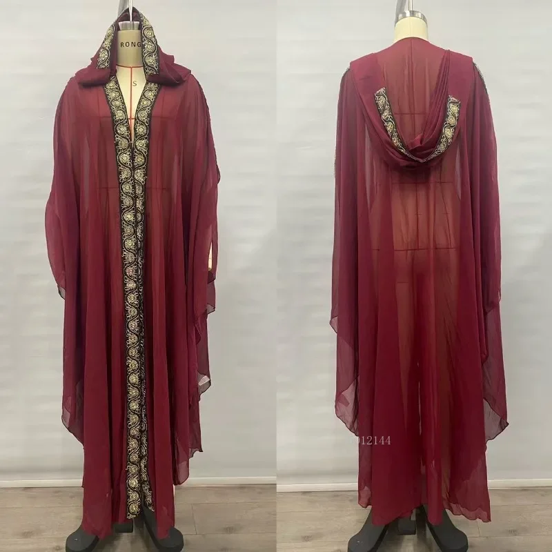 Marokko Kaftan Abaya Dubai Kapuzen Maxikleid Fledermausärmel Farasha Muslimische Frauen Afrikanischer offener Kimono Boubou Abend Langes Kleid