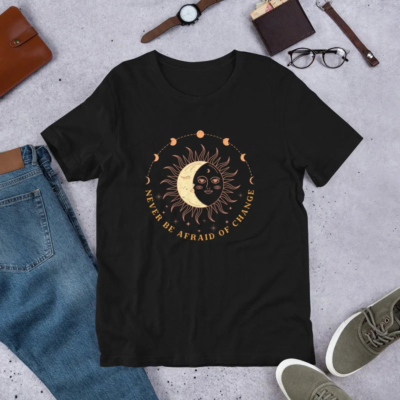 Courage Boho Mystical Moon Phase Never Be Afraid Of Change t shirt vintage Washed Unisex Casual Stylish designer clothes
