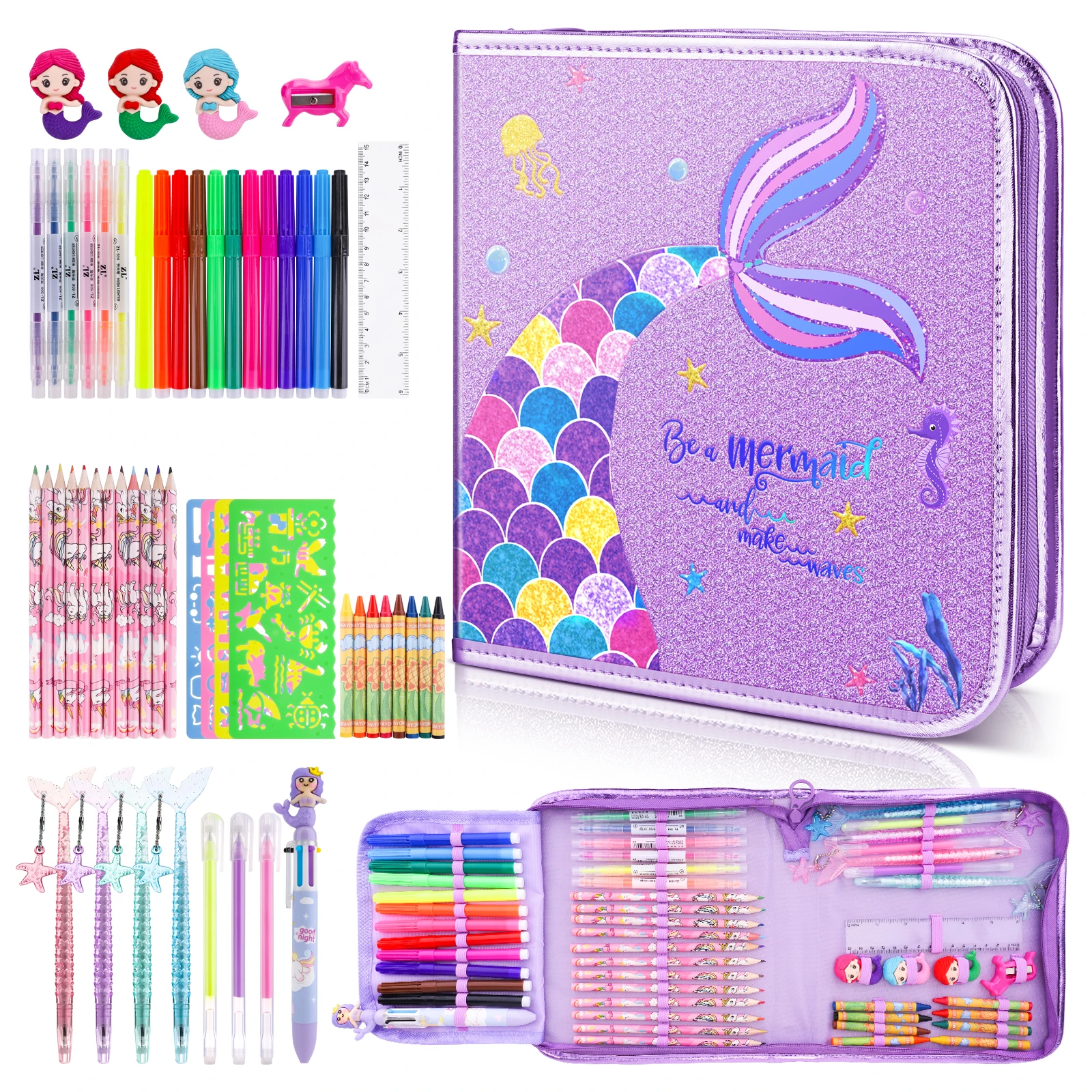 

56 Pcs Children Drawing Set Unciorn Colored Pencils Markers Crayons Painting Tool Art Supplies Mermaid Pencil Case Kids Gift