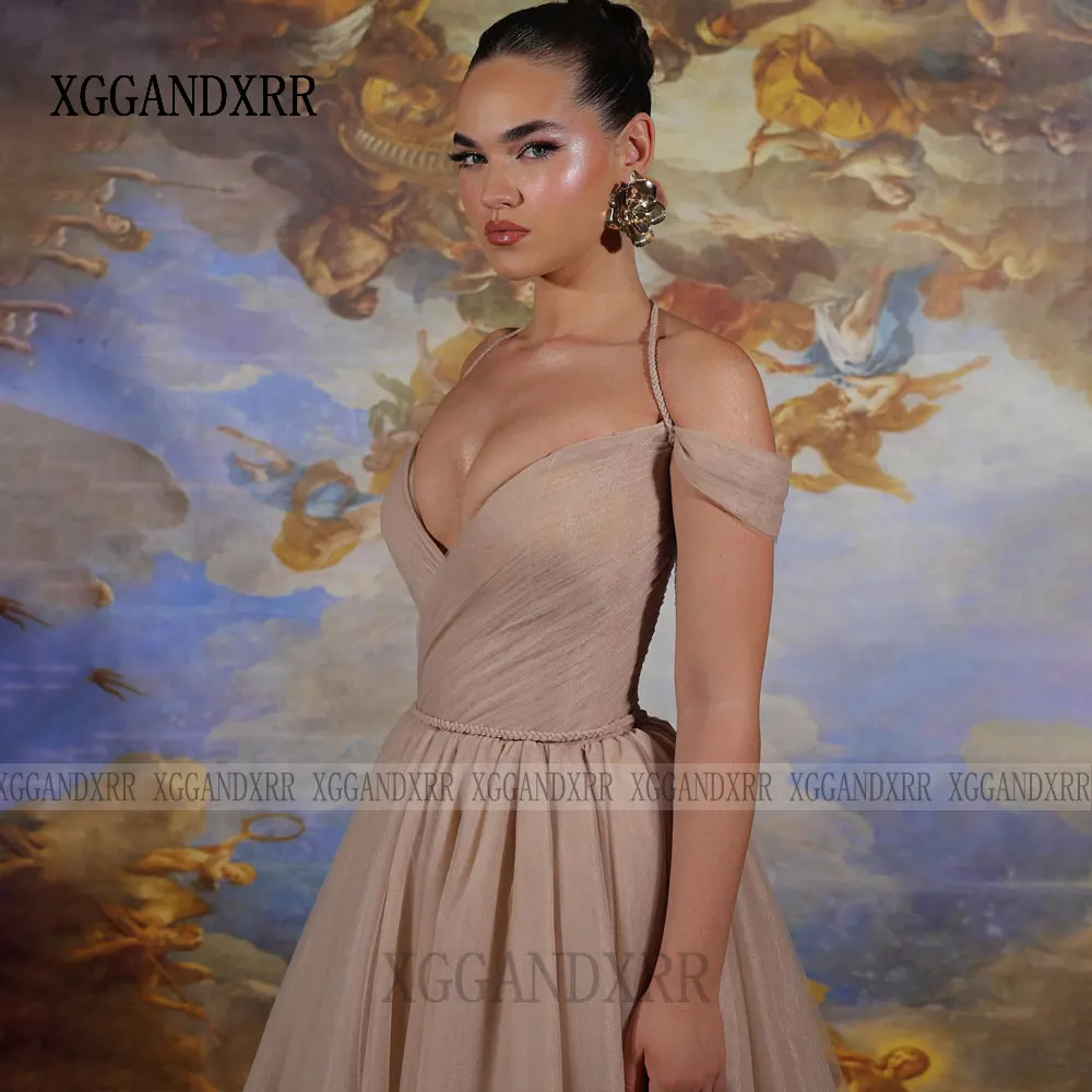 Customized Nude Long Tulle Prom Dress 2026 Elegant V Neck Corset Pleated A Line Evening Dress Wedding Guest Formal Party Dress view 5
