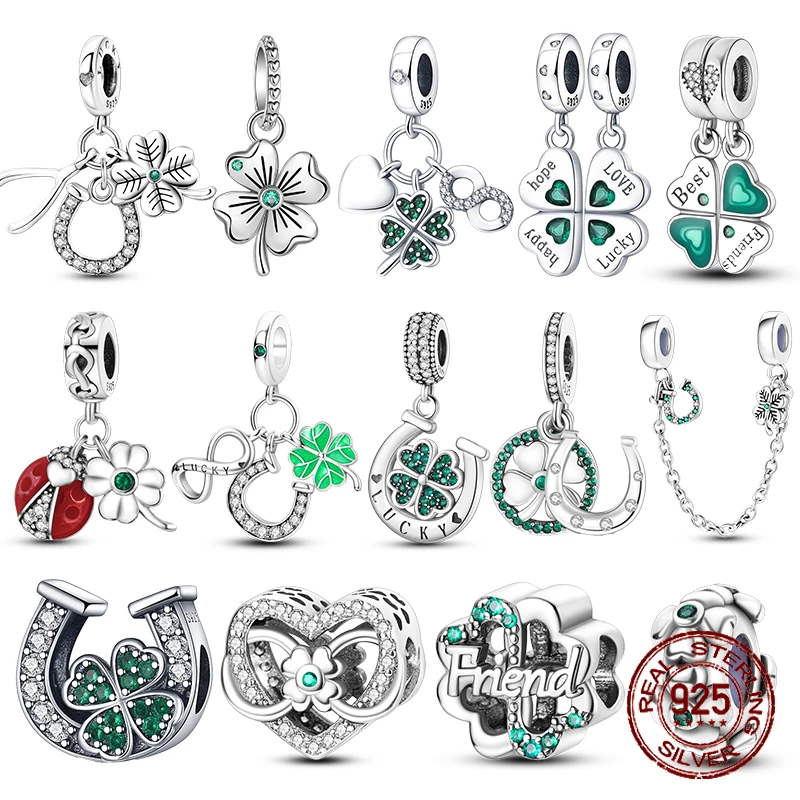 

925 Sterling Silver Green Four Leaf Grass Lucky Grass pendant beads Charms Fit Pandora 925 Original Bracelet Jewelry gift making