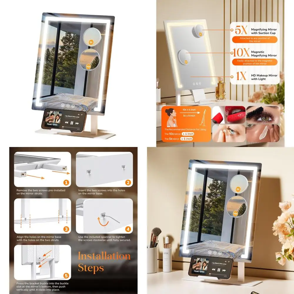 مرآة زينة LED بقدرة 4000 مللي أمبير في الساعة على طراز هوليوود، تكبير 5X/10X، ضوء 3 ألوان، تحكم باللمس، حامل هاتف، مرآة غرفة نوم 11 × 16.8 #1