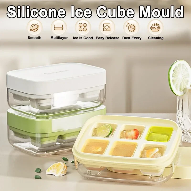 6Grid Push Ice Cube Mould Ice Compartment Mini Summer Ice Mould Ice Storage Box Home Square Silicone Ice Cube Mould with Lid