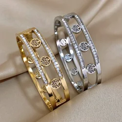 Hollow Tree Of Life Stainless Steel Bangle Bracelet for Women Doublelayer Inlaid Zircon Gold Silver Color Cuff Bracelets