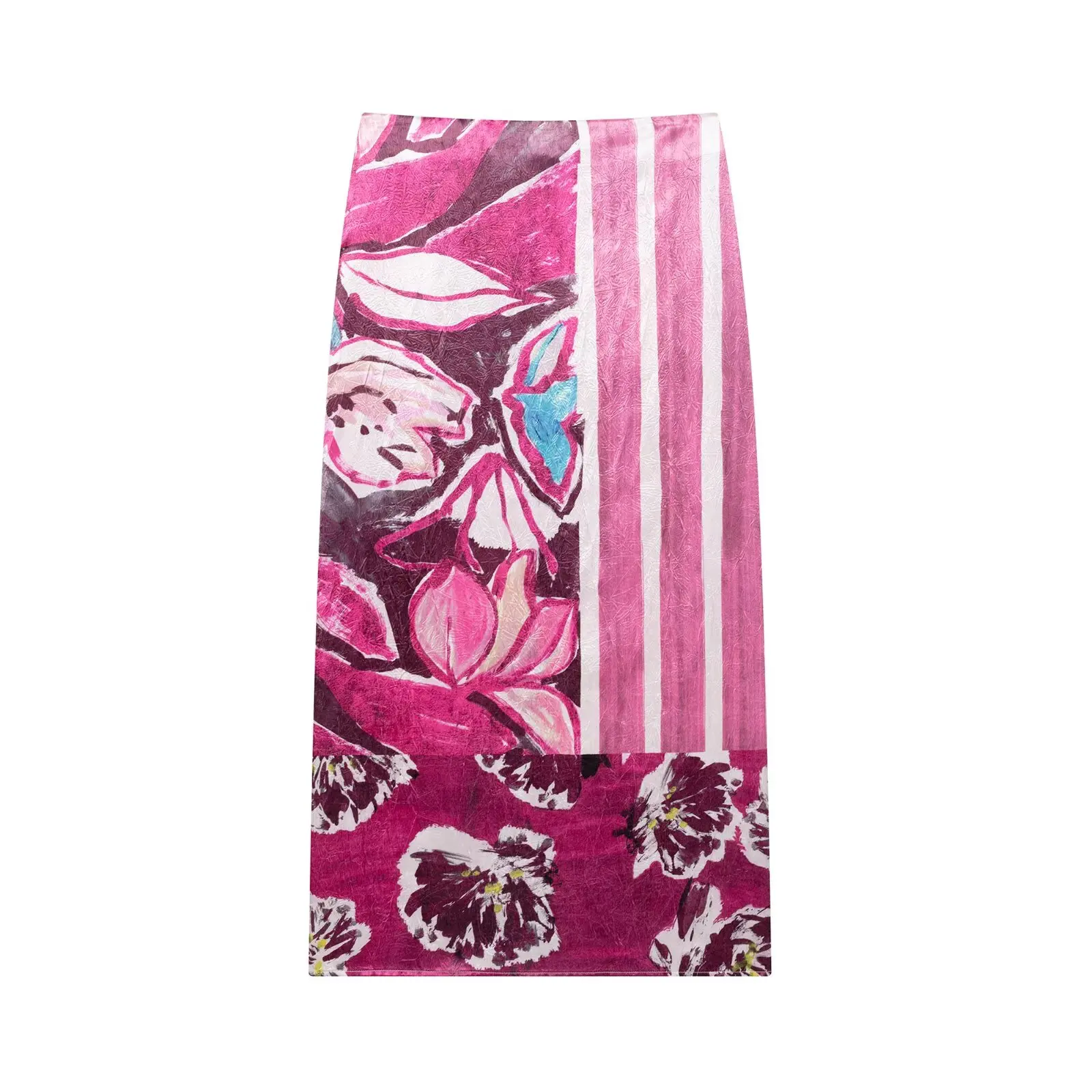

Elegant Women Fashion Striped Floral Patchwork Print Back Split Midi Skirt Faldas Mujer Female Summer Side Zipper Skirts QUN9078