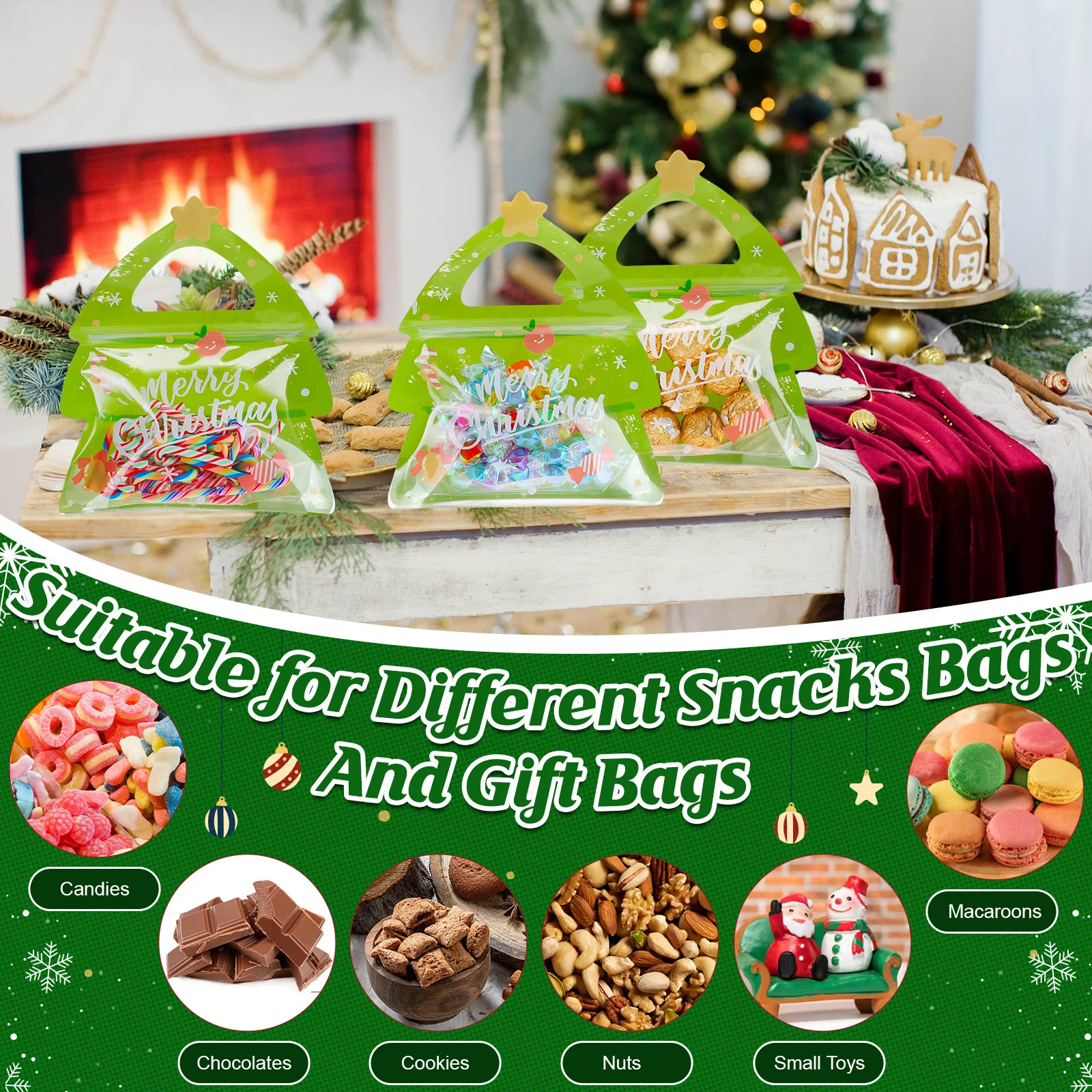 30 قطعة من أكياس حلوى عيد الميلاد، حقيبة جودي زيبلوك الأيائل، أكياس هدايا شجرة عيد الميلاد القابلة للإغلاق، حقيبة زيبلوك شفافة لطيفة على شكل إلك للحلوى، #4