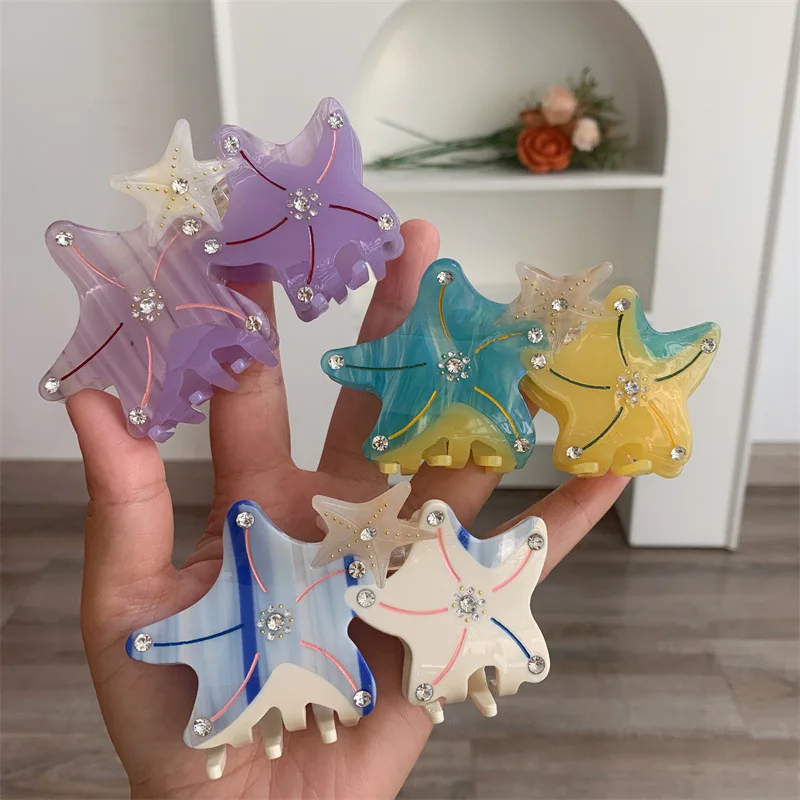 Cartoon Seastar Marine Acetate Hair Clips Cute Star With Crystal Shark Animals Turtle Hair Claw Hair Accessories For Women