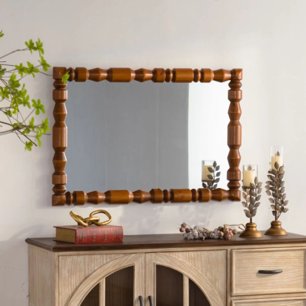 

Elegant Vintage Wooden Carved Wall Mirror Retro Column Frame Decorative Mirror for Home Living Room Entryway