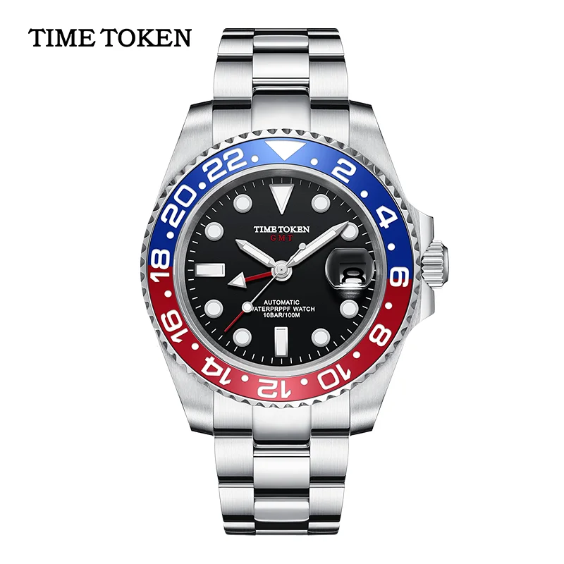 TIME TOKEN Men's Mechanical Watch - Luxury Ceramic Bezel Automatic GMT 10bar Waterproof Sapphire Glass New Design