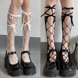 JK Girls Bandage Fish Net Stockings Women Sexy Fishnet Mesh Hollow Out Knee High Sock Party Nylon Elastic Long Compression Socks