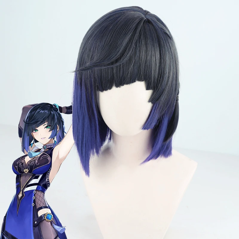 

Genshin Impact Yelan Cosplay Wig Short Black Purple Gradient Wig Anime Yelan Wigs Heat Resistant Synthetic Wigs