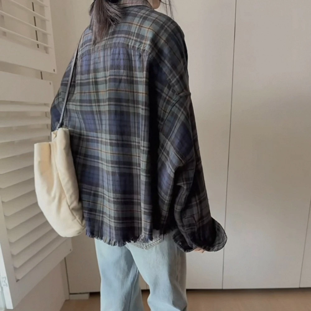 Distressed Torn Plaid Retro Rough Texture Yarn-dyed Cotton Plaid Shirt for Women