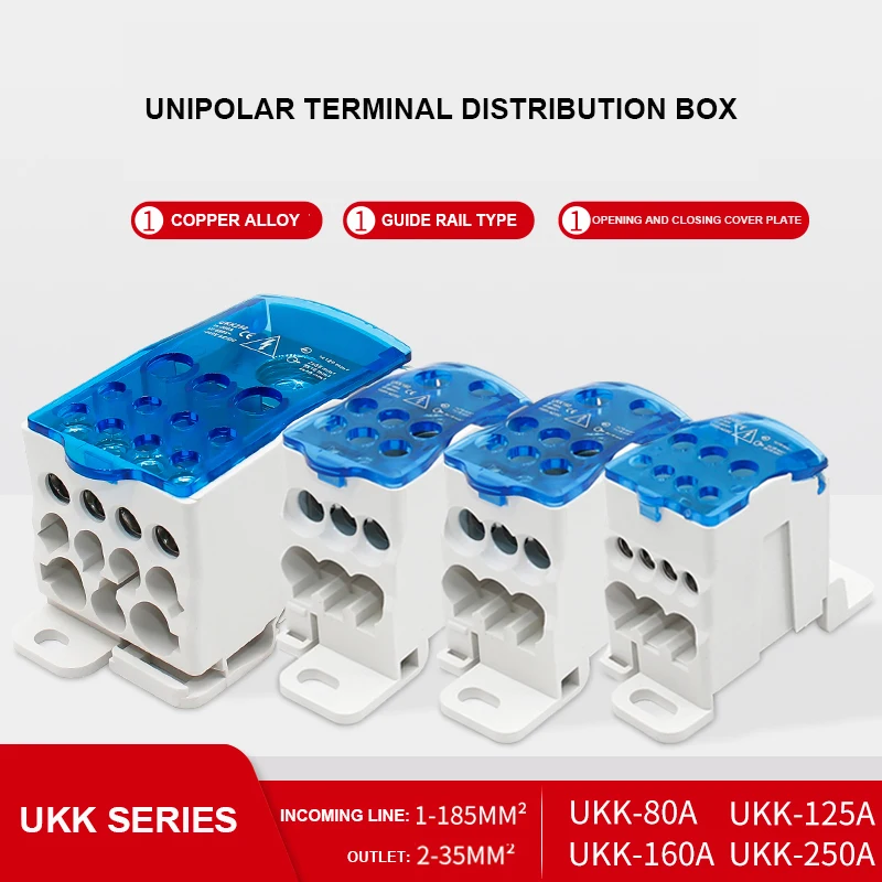 UKK80A125A160A250A400A Single Pole Junction Box Terminal Block 1 In 6 Out Junction Box Rail Type