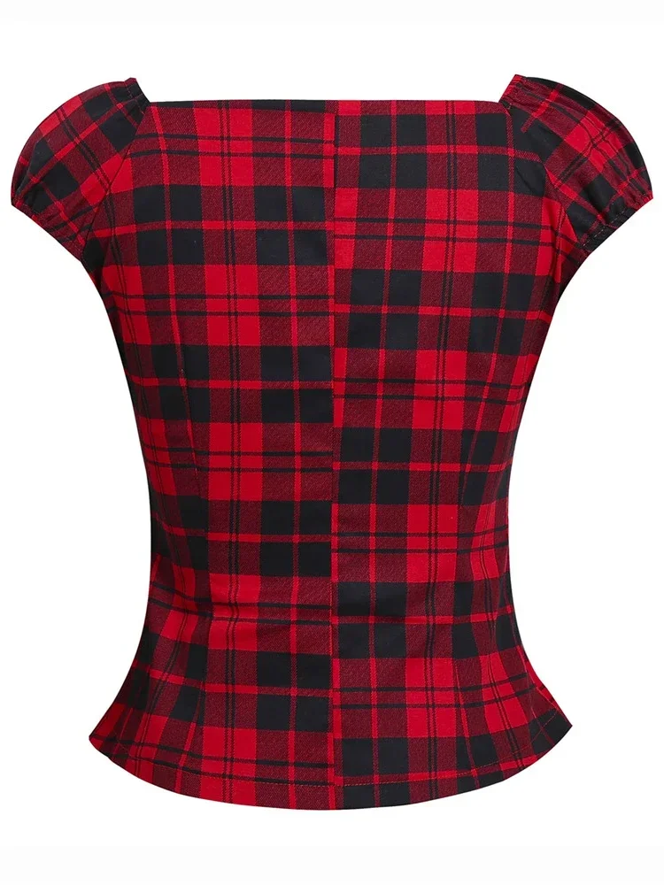 Summer Women Y2K Vintage 50s Pinup Peasant Shirts Gingham Inspired Couture Checkered Red 2023 New Tops Retro Rockabilly Blouses