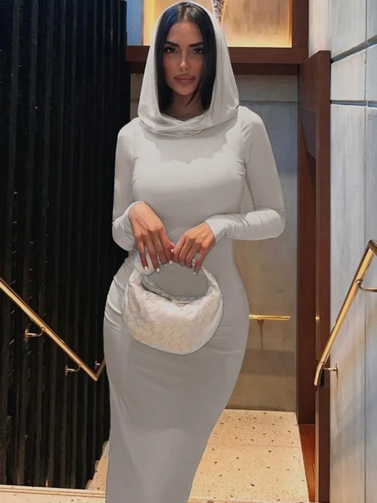 

Fashion Solid One-Piece Sexy Dress Sheath Hooded Bodycon Dress Casual Long Sleeve Floor-Length Streetwear Y2k Women Clothing