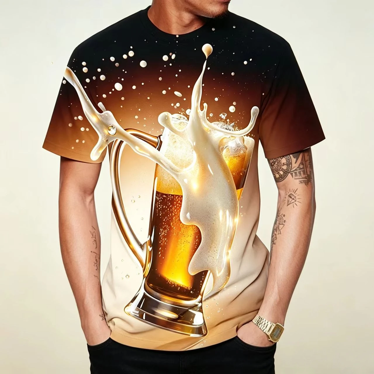 Men's Fun Beer Pattern T-shirt 3D Printed Short Sleeve Casual T-shirt Summer Party Bar Drinking Top