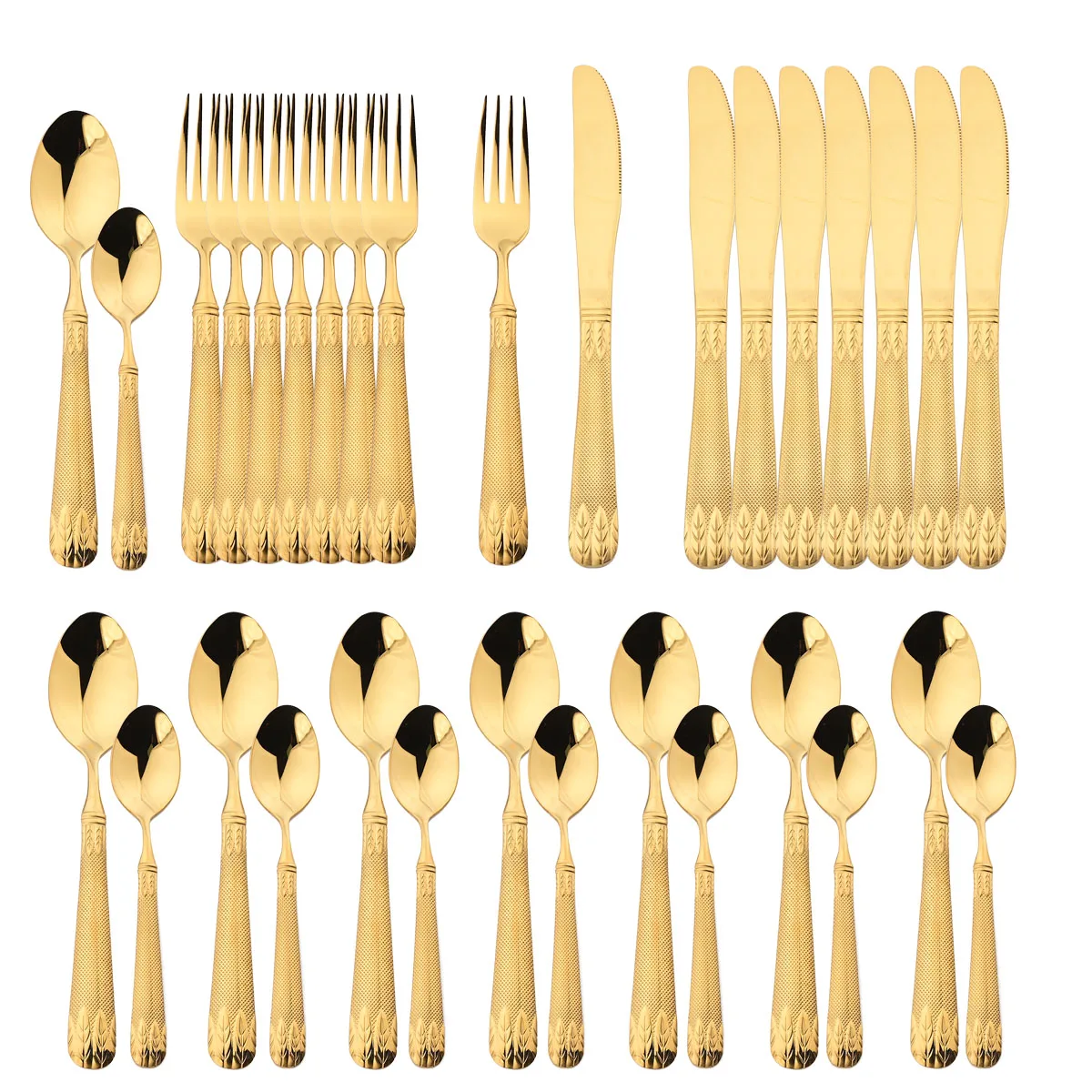 

32Pcs/Set Retro Cutlery Set Gold Wheat Ears 304 Stainless Steel Dinnerware Set Dinner Knife Fork Spoon Dinner Tableware Western