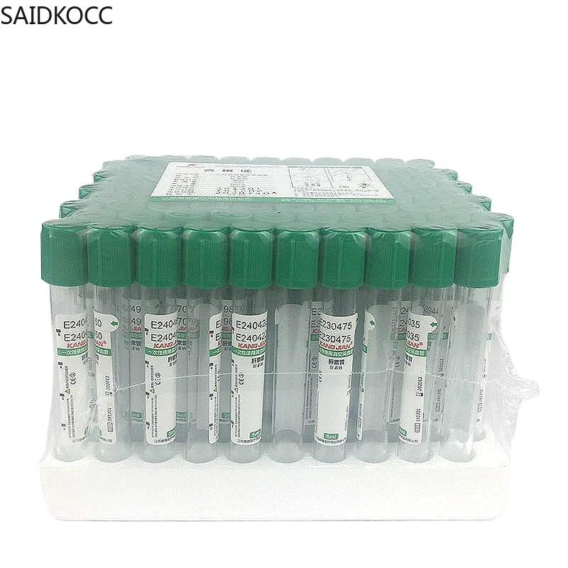 SAIDKOCC 일회용 멸균 진공 채혈 튜브, 헤파린 나트륨 첨가제 포함, 녹색 뚜껑 10ml Vac 튜브 진공기 100/PK