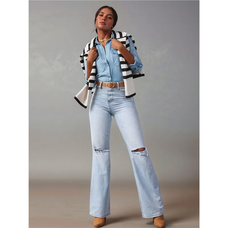 

AG-Women Double Pockets Spliced Decoration Denim Shirt Jacket Single-Breasted Lapel Casual Female Tops