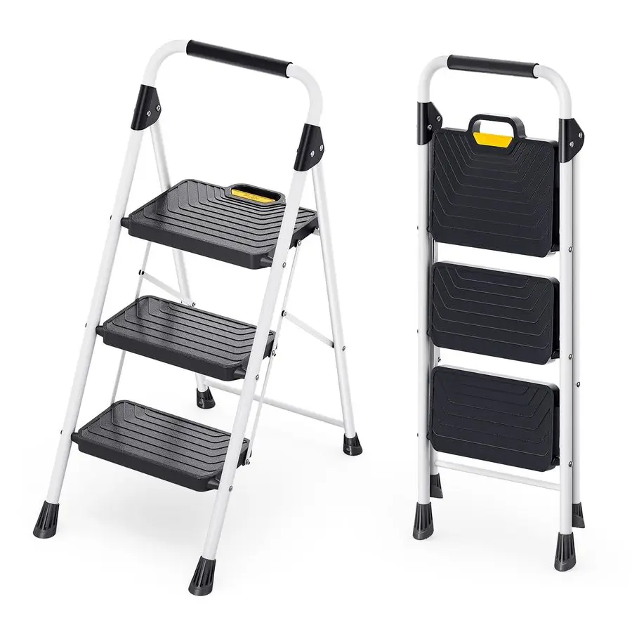

Sturdy Steel 3 Step Ladder, Folding Step Stool with Handrail, AntiSlip Wide Pedals, SafeLock Design, Pass 800lbs Load Testing, P