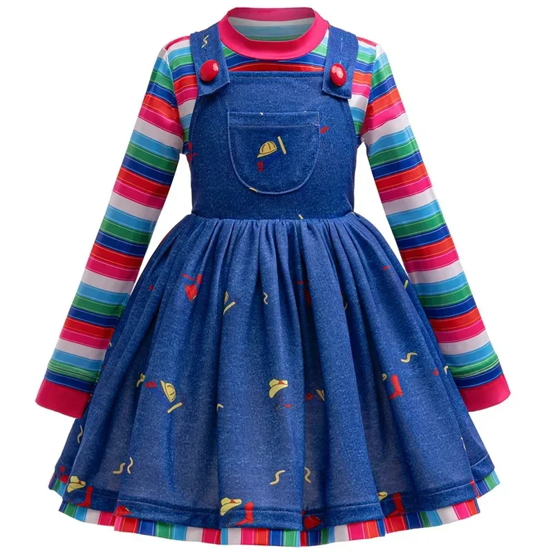 Toddler Kids Carnival Outfits Movie Horror Chucky Cosplay Costumes Rainbow Stripe 2Pcs Sets For Children Birthday Dress Gifts