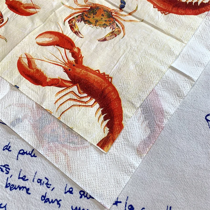 20Pcs/Bag Vintage Lobster Crab Decoupage Paper Napkins, Animal Paper Tissues for Party, Tableware, Wedding, Xmas Supplies 25x25