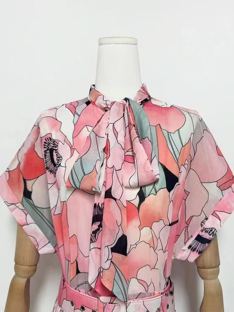 2025年夏新作 レディース ファッション 海辺リゾート風 プリントロングスカート 上品な蝶結びベルト付き ウエストマークAラインロングドレス