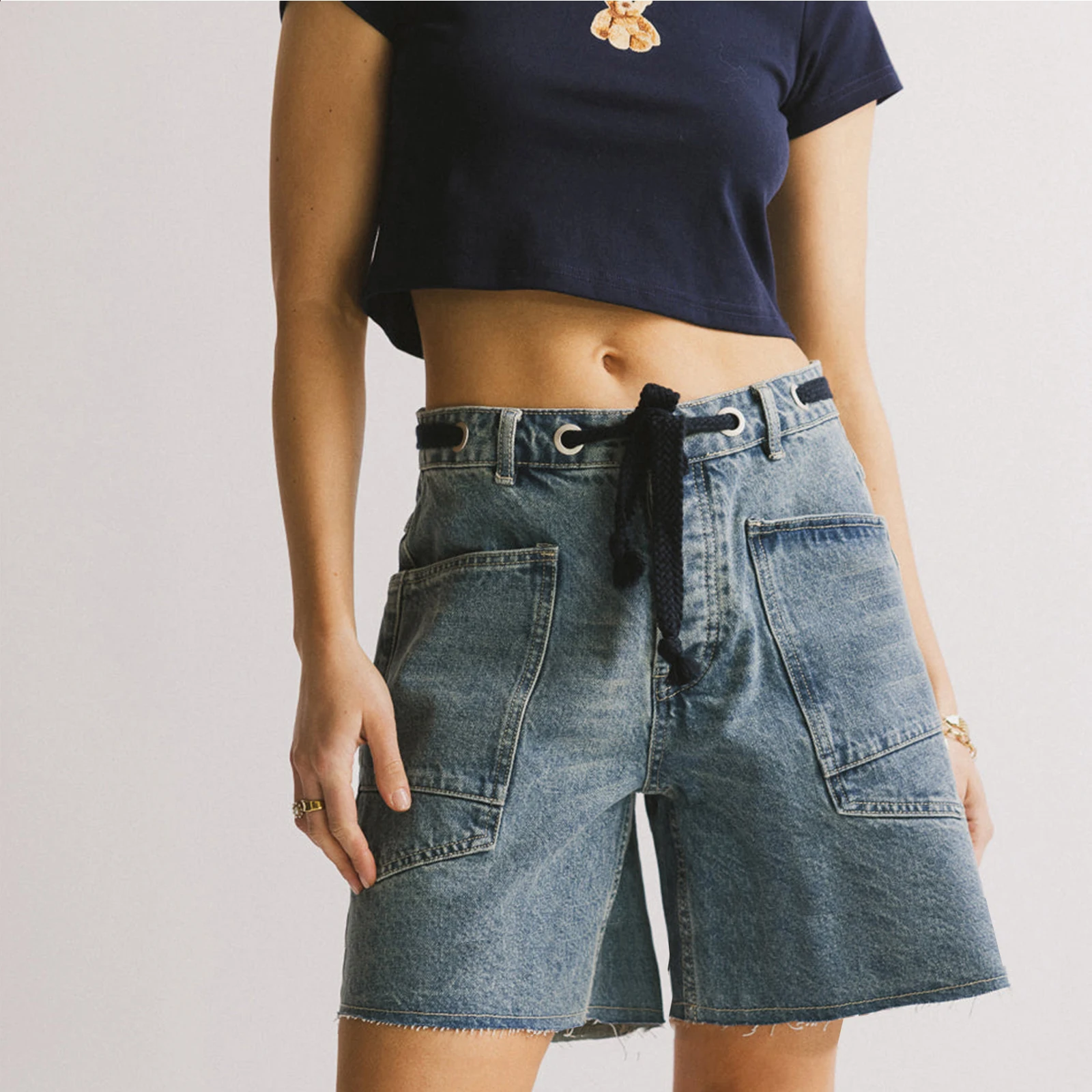 Women's Summer Solid Color Bandage Denim Shorts Wide Leg Streetwear Jeans Shorts with Pockets