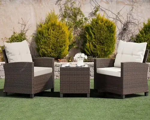 3 Pieces Patio Furniture Set, PE Rattan Wicker 3 Pcs Patio Set, Outdoor Furniture Set with Two Outdoor Chairs and