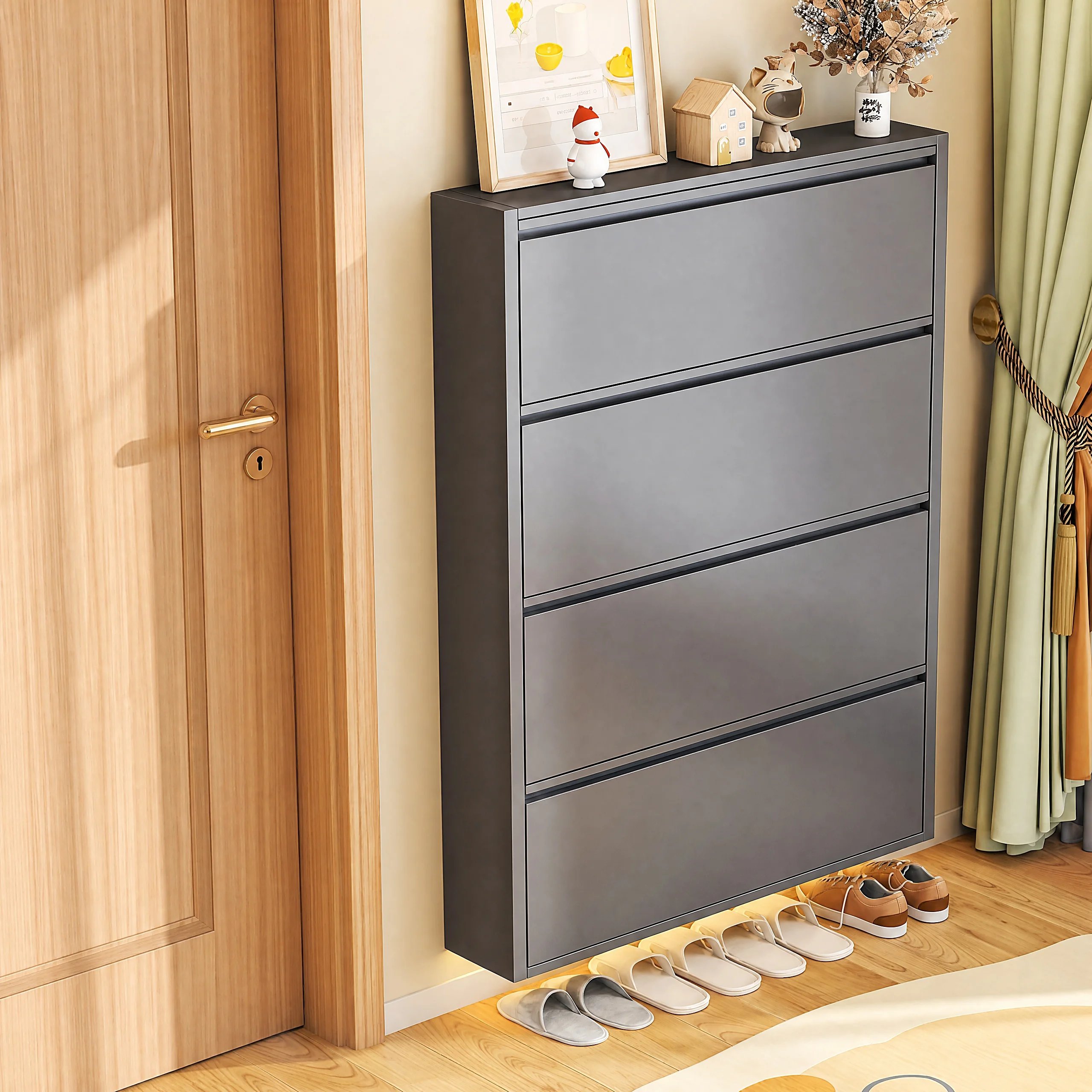 Shoe CabinetEasy Clean Modern Home Furniture Shoe Cabinet Ultra Thin Steel Tip Out Rack Dust Resistant Organizer 3 Tier For Entr