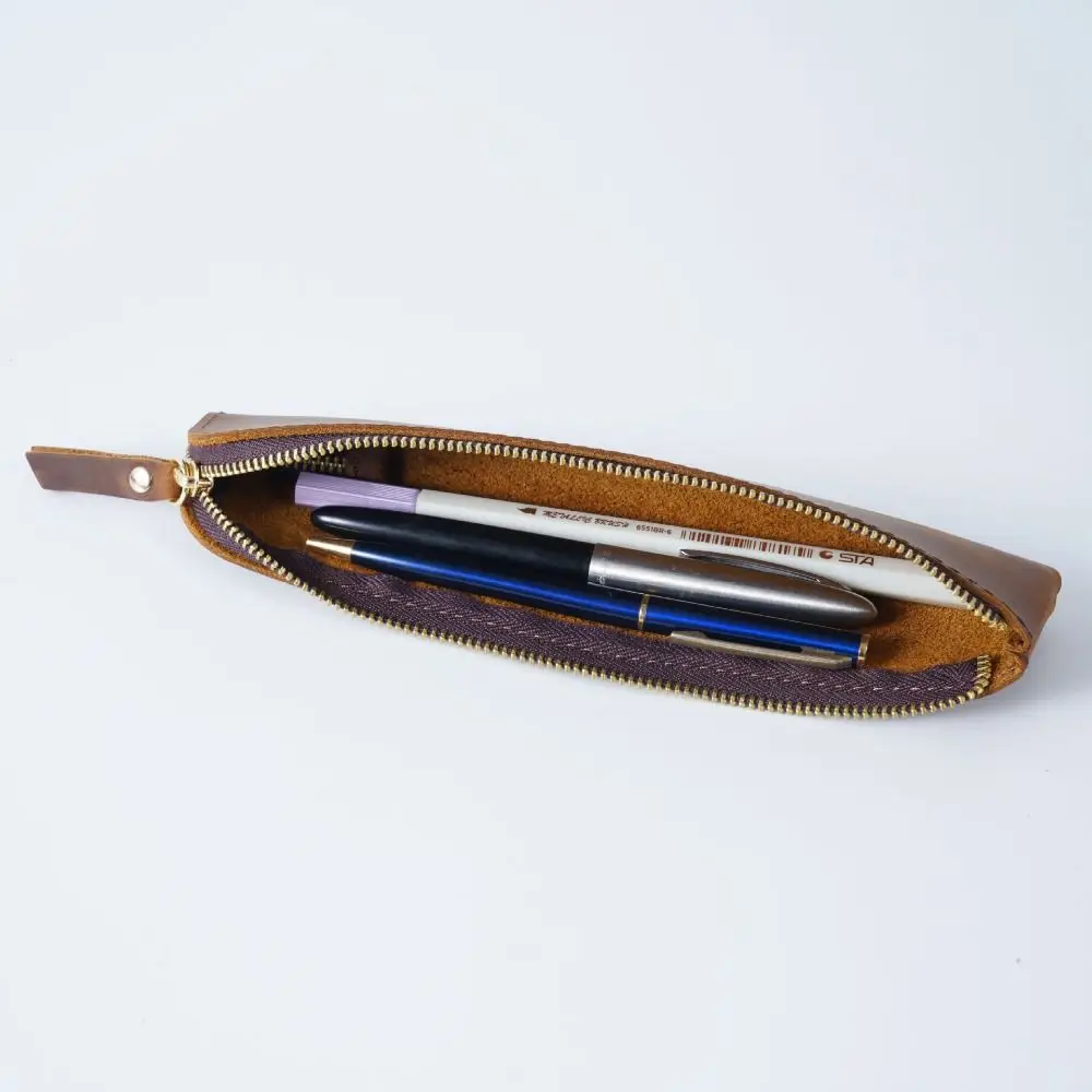 

Creative Zipper Cowhide Pencil Case Pencil Holder High-end Pen Protective Bag Leather Handmade Pen Sleeve Pouch Office Supplies