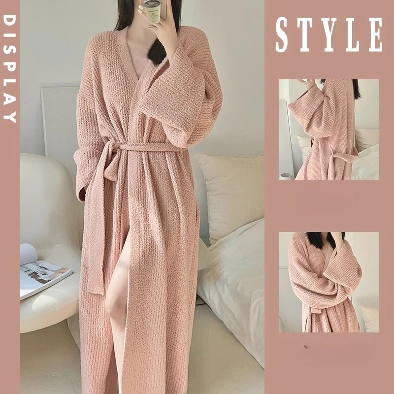 

Роскошный женский зимний пижамный комплект, плюшевый мягкий флисовый кардиган, ночная рубашка, элегантный французский дизайн, модный розовый цвет, длина до пола, XXL