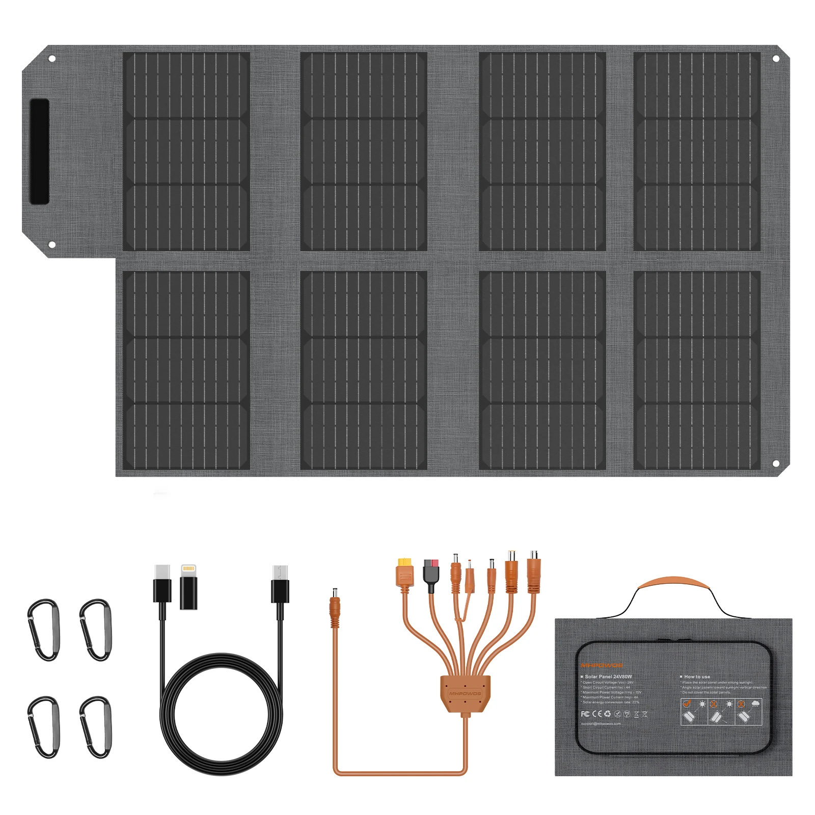 MHPOWOS 80W Portable Solar Panels Chargers with PD3.0 USB-C,QC3.0 USB-A and DC Outputs for Powerstation ,Phones, Power Banks