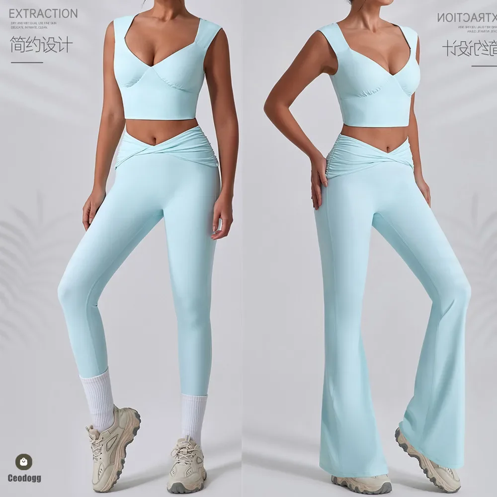 

2PCS Women Yoga Set Workout Pant Outfits Fitness Sportswear Gym Tracksuit High Waist Flare Leggings Sports Bra Athletic Wear